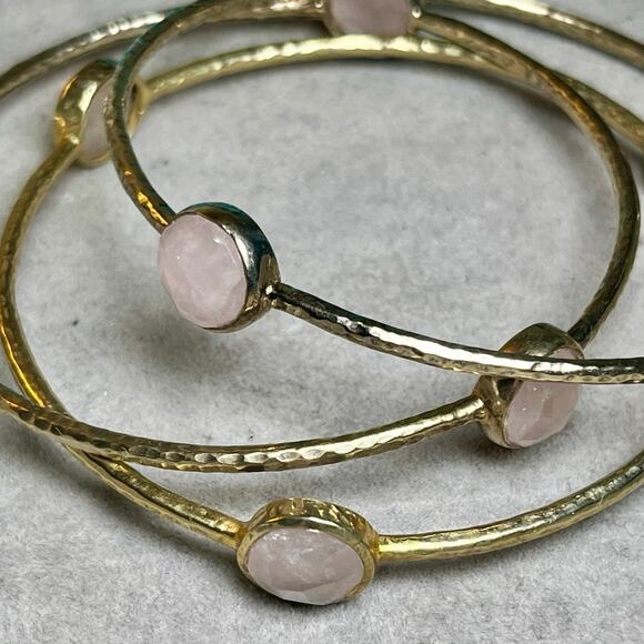 Julie Vos Gold Bangles Set of 3 Rose Quartz Pink Boho Luxe Stackable Bracelets - Picture 7 of 9